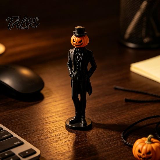 Stable Base Display Piece Pumpkin Gentleman Figurine, Halloween Head Man Statue, Spooky Horror Retro Desktop Decor 3D Printed Ornament for Shelf