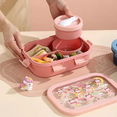 Lancheira Infantil Desenho Animado Portátil com Compartimentos Caixa de Refeição para Piquenique com Recipiente para Sopa à Prova de Vazamento Aquecimento no Micro-ondas Caixa Bento com Vedação