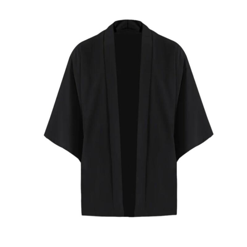Férfi Nyári Japán Stílusú Fekete Kimonó Ing és Zsinóros Rövidnadrág Szett Ázsiai Uniszex Alkalmi Laza 3/4 Ujjú Strandviselet XL black