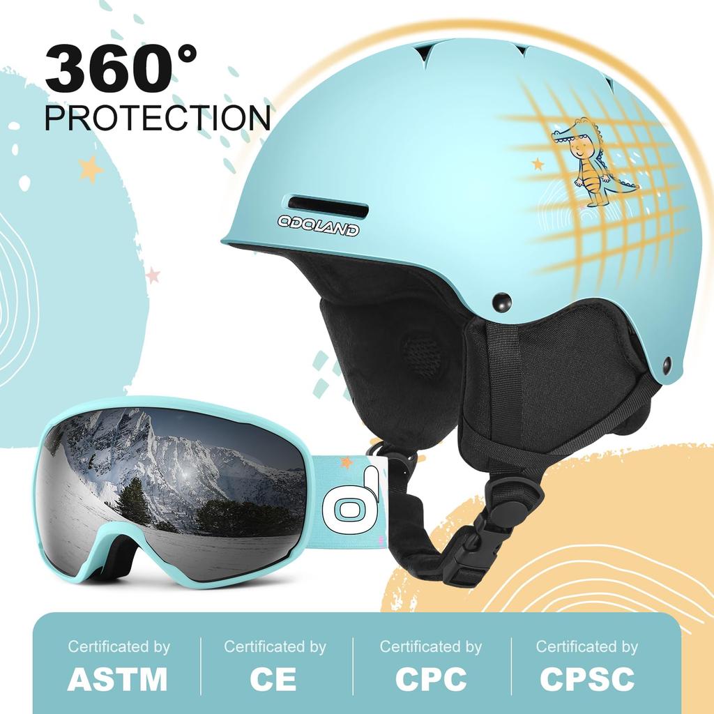 Odoland Ski Helmet with Snowboard Adjustable Impact Size Small Kids' Goggles, Helmet, Size, Anti-Fog, Resistant, Breathable, Cyan,