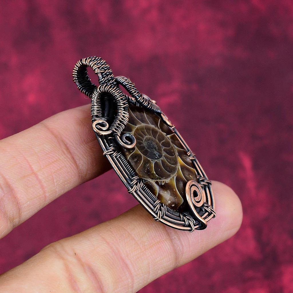 Ammonite Fossil Gemstone Pendant Copper Wire Wrapped Jewelry Handmade Pendant