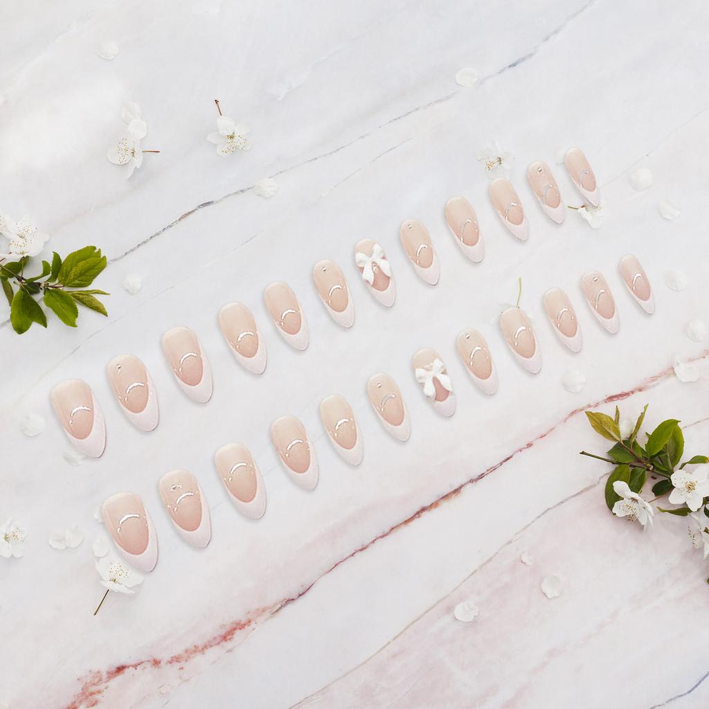 White French Bow False Nail Tips 24 Pieces Per Box Manicure Accessory For Women