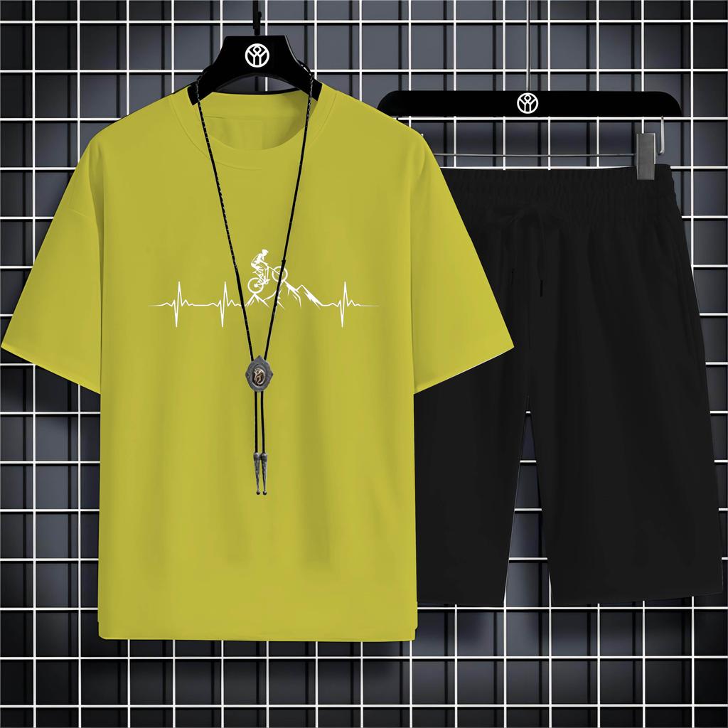 Summer Fashion Outdoor Sports Style 2d Cartoon Bicycle Print Men'S Crew Neck T-Shirt Trouser Set Comfortable Quick Drying