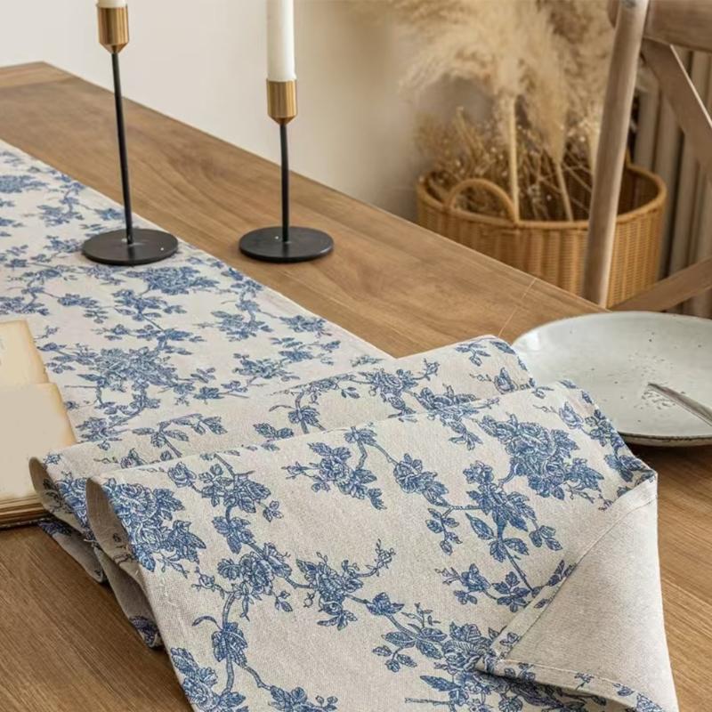 Tischdecke aus Baumwoll-Leinen mit blauem Blumenmuster im Landhausstil, waschbar, robust, in verschiedenen Größen erhältlich