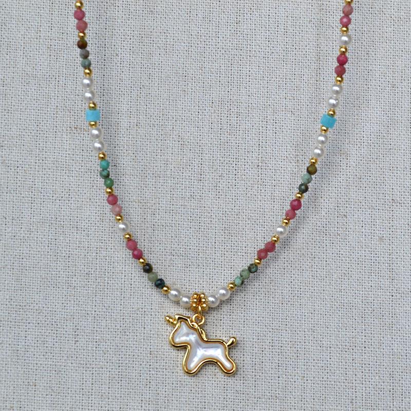 Colorful Unicorn Pendant Necklace with Imitation Pearls & Genuine Stone Beads, Inspired by Japanese & Korean Niche Design