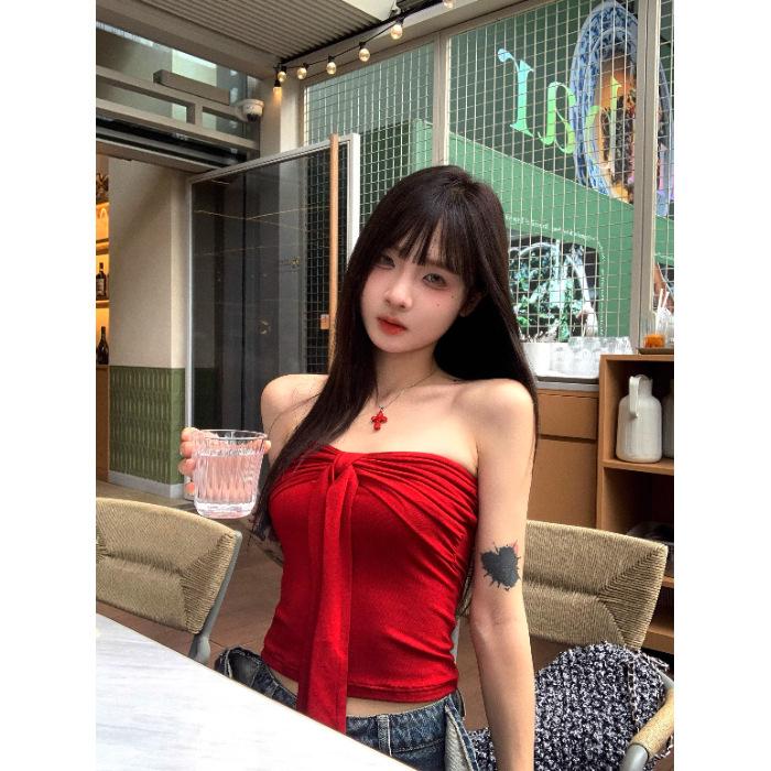 Summer explosion pure desire Spice girl style personalized design feeling pleated tube top short top women's versatile slim fit