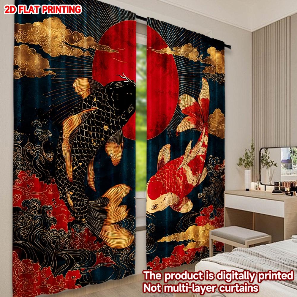 Set Of 2 Koi Fish Curtains Flat Digital Print Japanese Asian Style Red Black Carp Gold Clouds Sun Living Room Curtain Polyester Ideal For Sitting