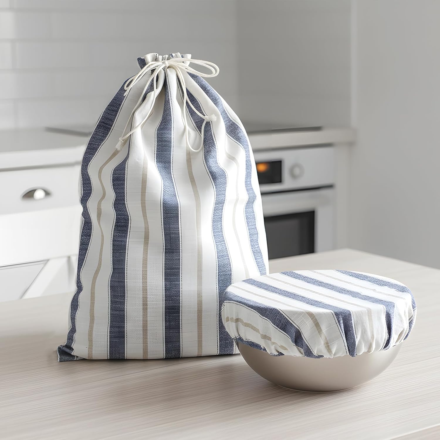 Linen Bread Storage Bag with Bowl Cover, Striped Navy Blue Beige, 16x12 Inch Sourdough Proofing Bag, Reble Bread Keeper