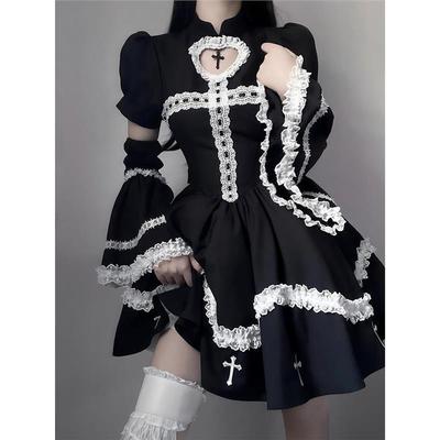 Autumn Japanese Style Gothic Cosplay Party Dress Women Long Sleeve Ruffle Lace Black Mini Dresses Y2k Vintage Lolita Dress New