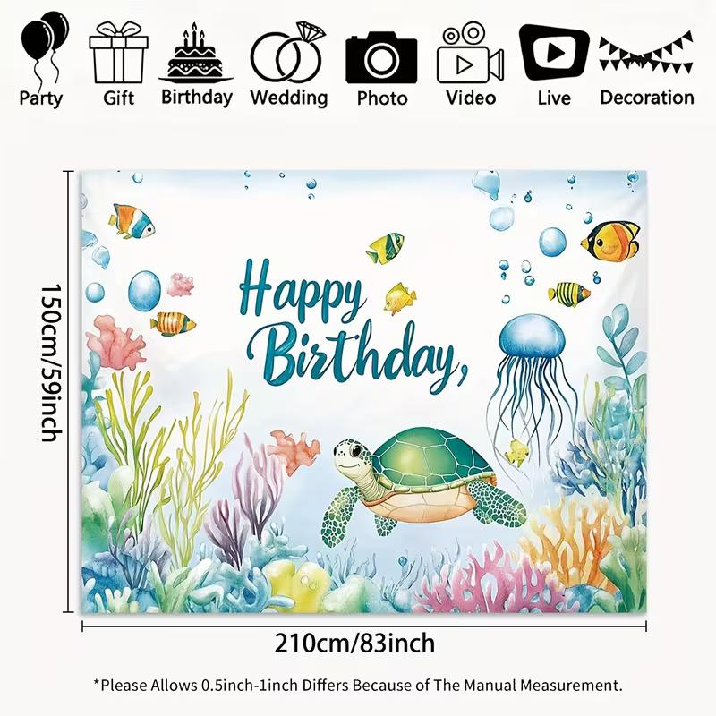 2D Watercolor Ocean Birthday Backdrop, Underwater Sea Turtle Kids Party Photo Booth Banner