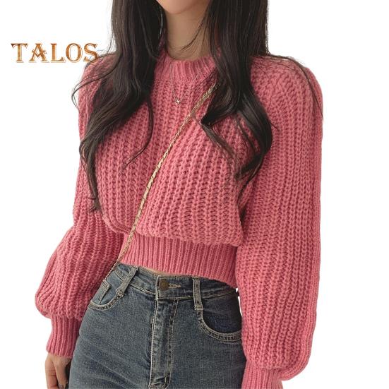 Autumn Winter Knitting Tops Round Neck Puff Long Sleeve Solid Color Loose Fit Casual Top Ribbed Trim Pullover Sweater