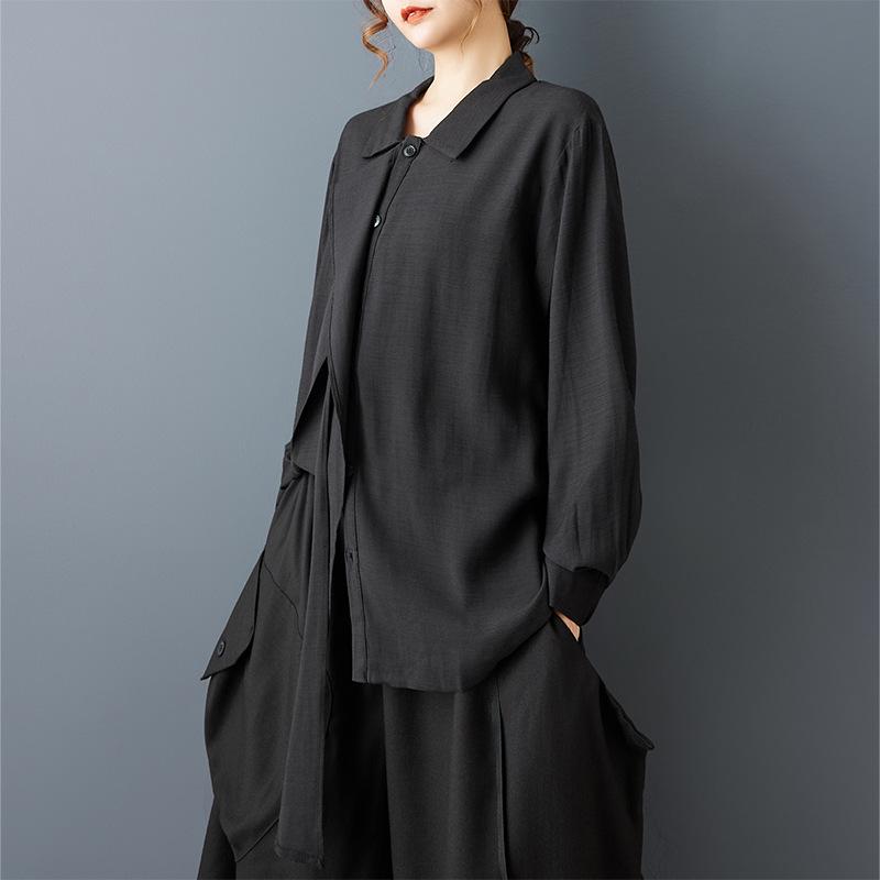 Spring Dark Style Niche Design: Loose Lapel Sashes Shirt & Wide Leg Pants Set