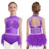 Girls Jazz Latin Dance Costume Shiny Rhinestones Color Block Leotard with Feather Skirt Sleeveless Cutout Back