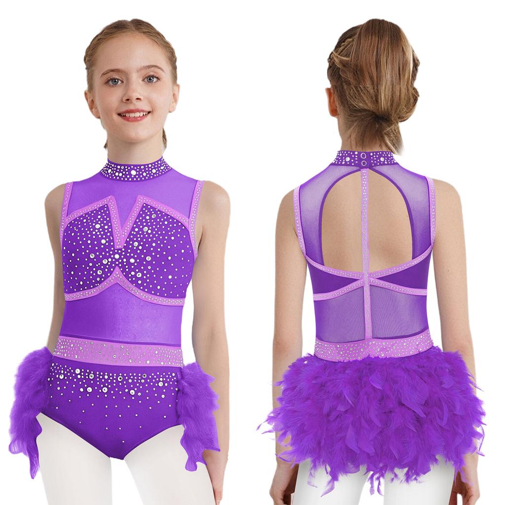 Girls Jazz Latin Dance Costume Shiny Rhinestones Color Block Leotard with Feather Skirt Sleeveless Cutout Back
