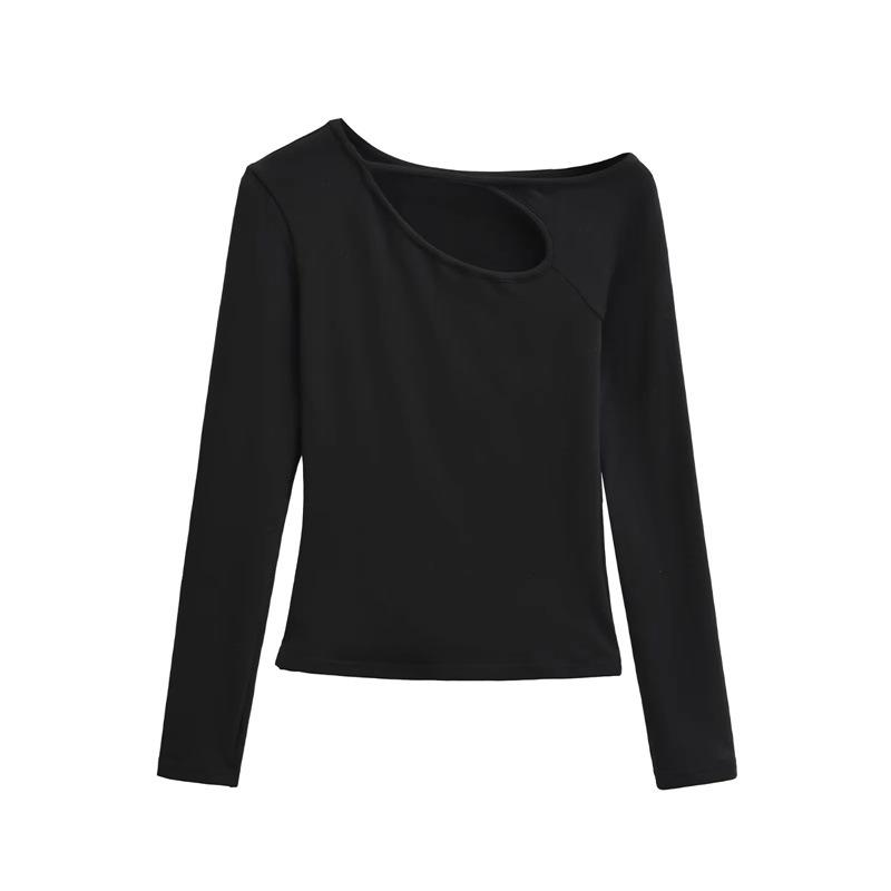 Design Sense Oblique Neckline Hollow Long-Sleeve Slim-Fit Velvet Top for Women - Autumn/Winter Sexy Base Layer
