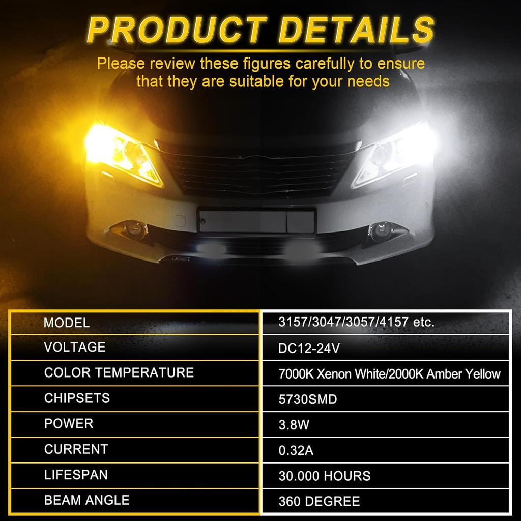 3157 LED Bulbs Super Bright 3057 3357 3457 4157 LED Replacement Light Kit Set for Car Switchback Daytime Running Turn Signal Blinker Lights, Pack of