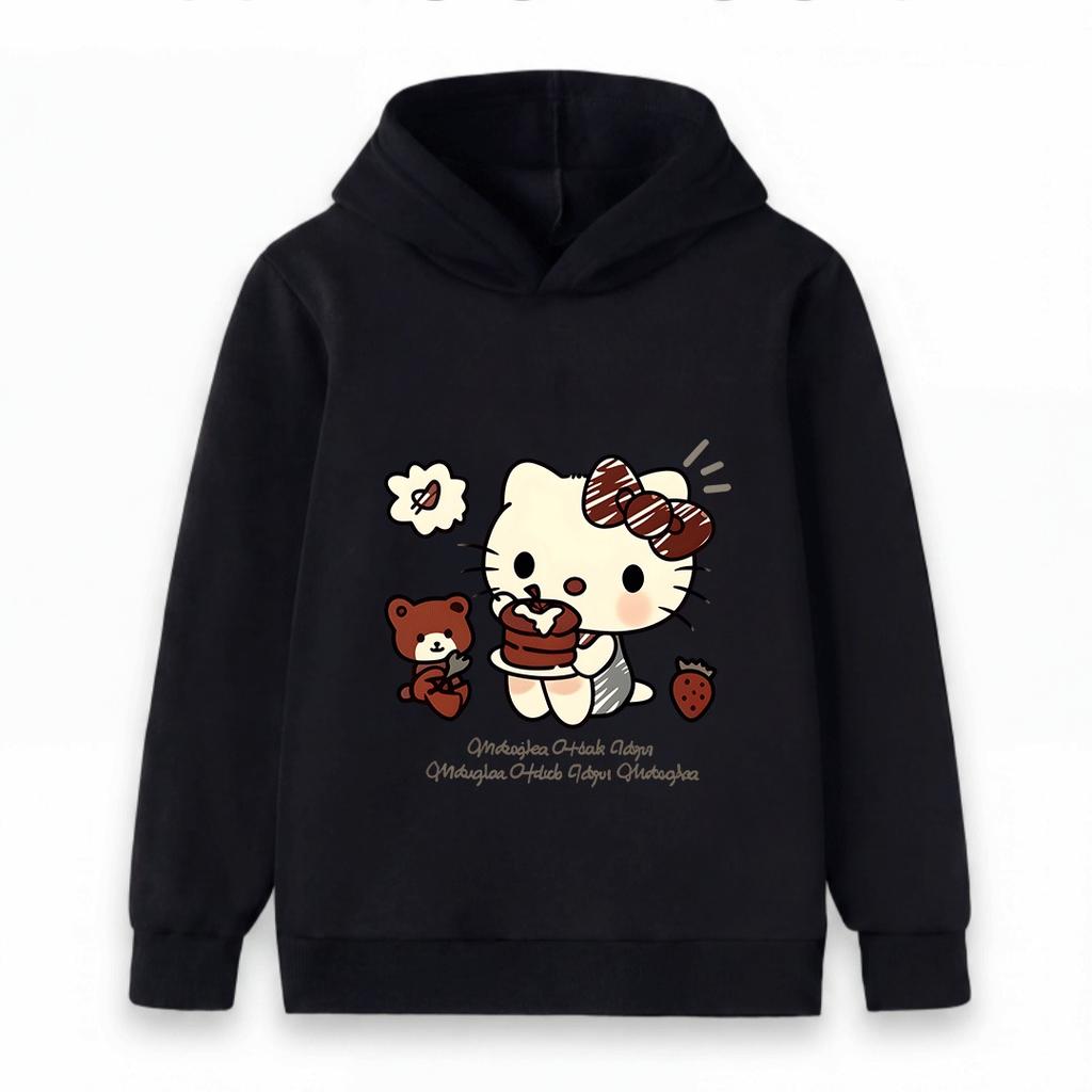 Kids Boys Girls Hooded Pullover Sweatshirt Cute Cartoon Cat Print Chocolate Cake Bear Strawberry Casual Soft Loose Hoodie for Toddlers