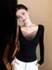 Korean Black Mesh V-neck Front Shoulder Long-sleeved T-shirt Women's Autumn and Winter Tight Slim-fitting Bottoming Shirt with Low-neck Top