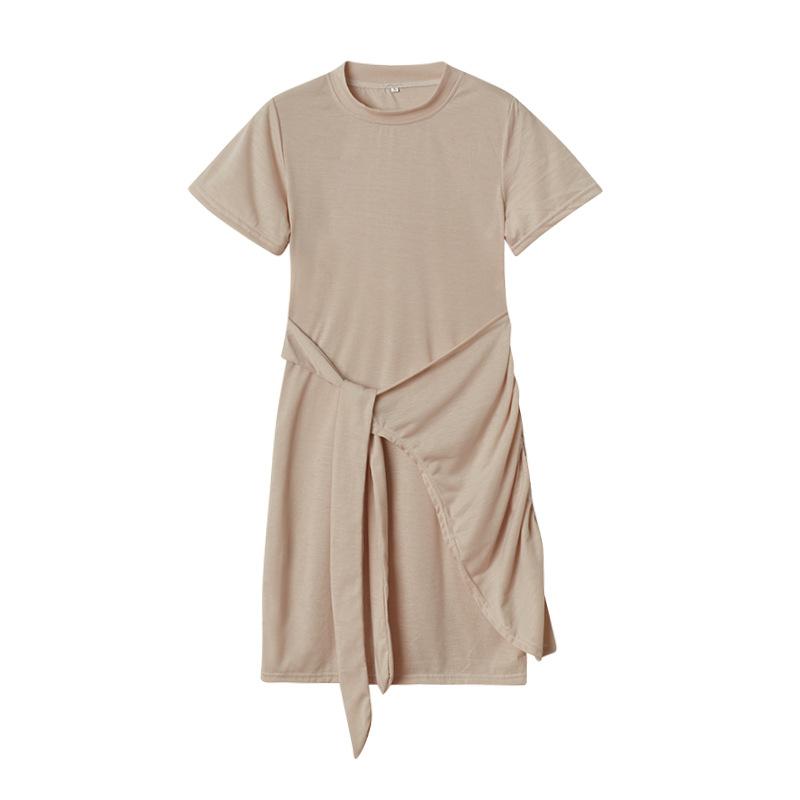 IHUASU Summer Short Sleeve Round Neck Pleated Bow Belt Irregular Dress