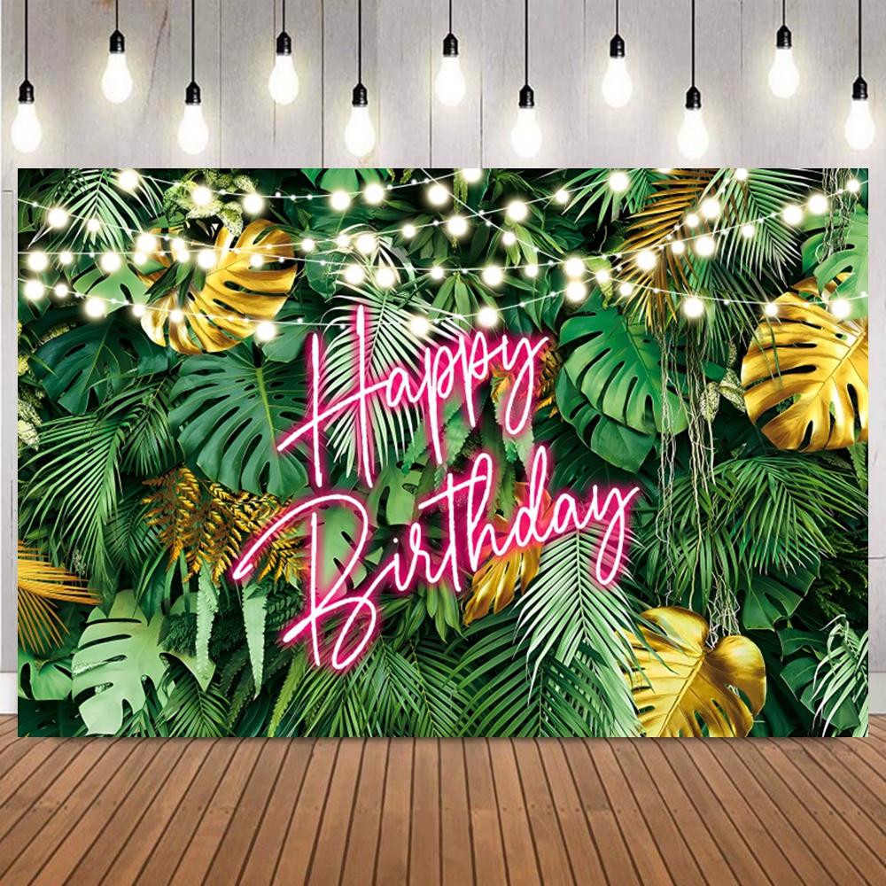 Tropical Jungle Safari Green Leaves Backdrop Baby Shower Happy Birthday Party Decor Wedding Photography Background Photo Props