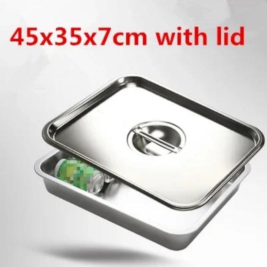 304 Stainless Steel Flat Bottom Rectangle Square Basin with Covered Dish Buffet Plate Food Basin Grilled Plate Bbq Storage Tray