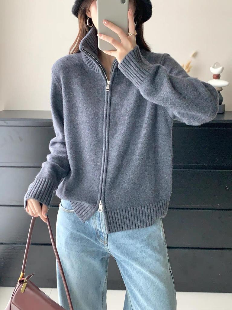 European Double Zipper Knit Cardigan - Women's Autumn 2026 Style Sweater Jacket