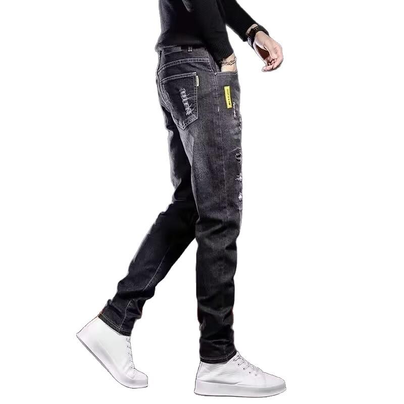 Elastic ripped jeans men's summer thin new slim-fitting small feet trendy brand casual men's long pants