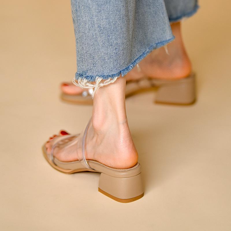 Fashion New Summer Transparent Thick Middle Heel Sandals for Women Outer Wear Fashion Flip Flops Slip on Sandalias Mujer Casual Sapatos