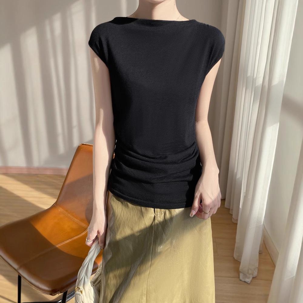 Off-Shoulder Merino Wool Slim-Fit Knitted T-Shirt for Women – Short-Sleeve & Versatile Top