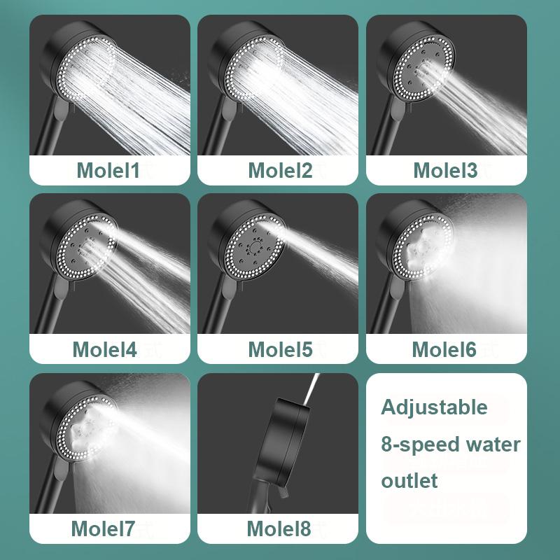 Adjustable Shower Head 8 Modes High-Pressure Water Saving Black Showerhead Handheld Bathroom Massage Showers Nozzle