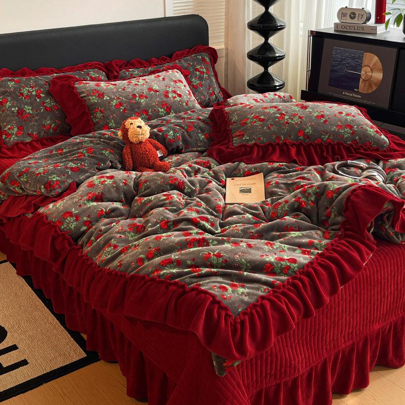 Xiaohongshu Popular Thickened Milk Fleece Bed Cover Bed Skirt Four-Piece Set Farai Fleece Warm Quilt Cover Bed Hat