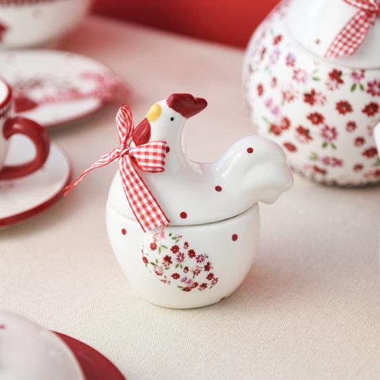 Keramikschale Teller Tasse Set Rote Blume Bräter Keksglas Hühnerförmige Keksdose für Gewürze Zucker Snacks Bauernhaus Dekor Ostergeschenk