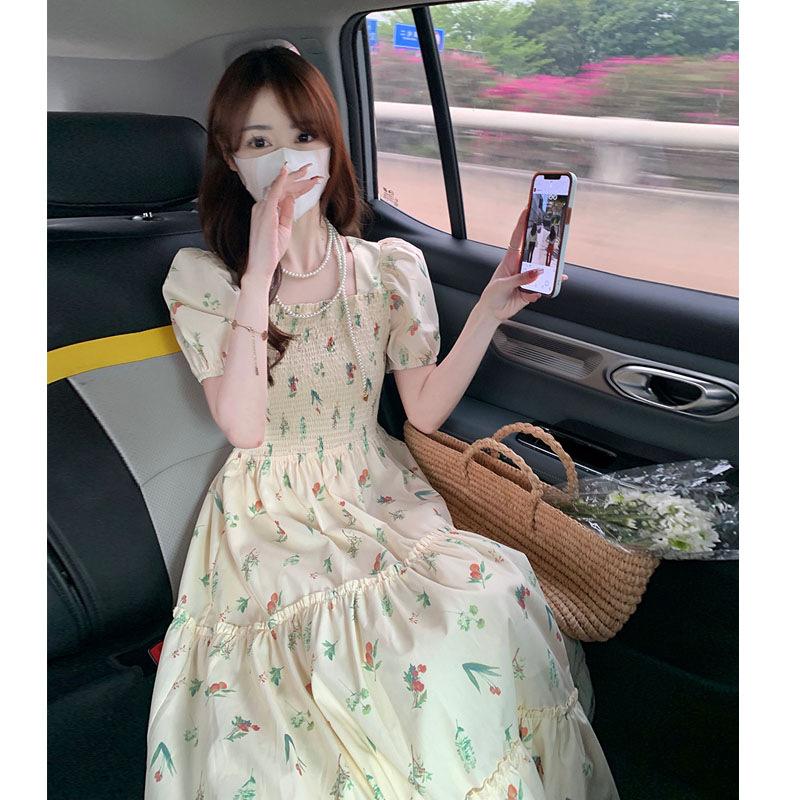 Korean Gentle Style Retro Short-sleeved Floral Skirt Summer New Sweet Temperament Bubble Sleeve Square Collar Waist Large Size Dress