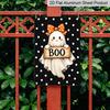2D Flat Cute Ghost Boo Orange Bow Polka Dot Aluminum Metal Sign‑8.0x12.0inch Halloween Wall Decor, Spooky Sweet Ghost Hanging Plaque, Pre‑Drilled