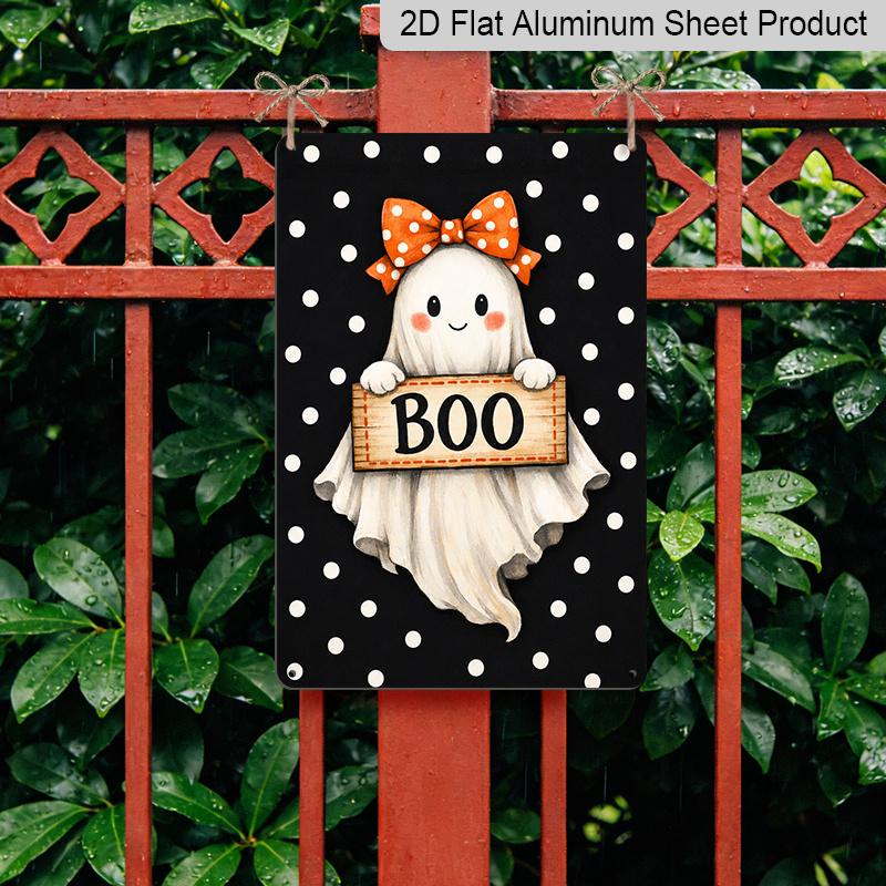 2D Flat Cute Ghost Boo Orange Bow Polka Dot Aluminum Metal Sign‑8.0x12.0inch Halloween Wall Decor, Spooky Sweet Ghost Hanging Plaque, Pre‑Drilled