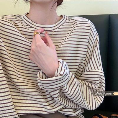 Tricou de damă cu dungi, croială largă, mâneci lungi - Gât rotund, strat versatil pentru primăvară/toamnă/iarnă