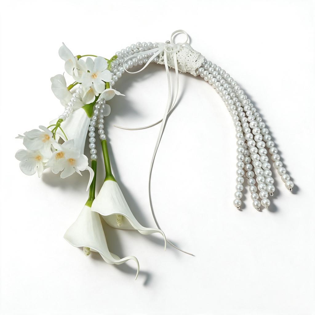 White Artificial Calla Lily Bride Hand Bouquet Pearl Tassel Wedding Holding Flower Bridal Photo Shooting Decor