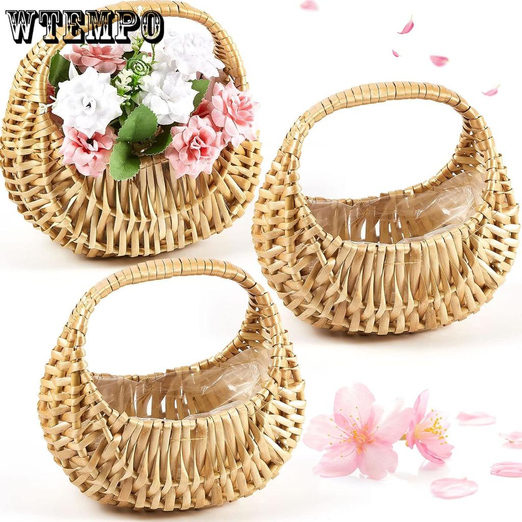 2pcs Rattan Flower Girl Basket Small Half Moon Straw Wicker Basket with Handle Ideal for Wedding Flower Girl Picnic Garden Storage and Home Decor