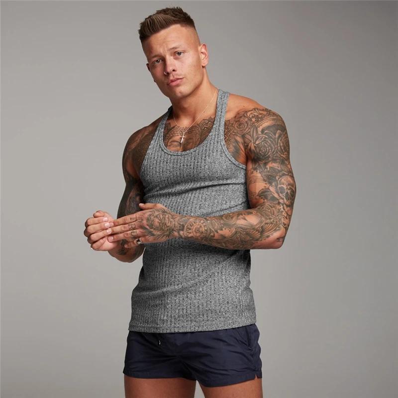 Muscleguys Einfache Laufwesten Sommer Schnelltrocknend Gestrickte Tanktops Fitnessstudio Fitness Ärmellos Streifen Enganliegende Hemden Herren Bodybuilding Kleidung