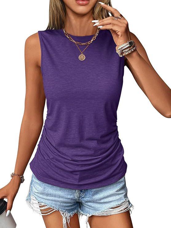 2026 Women's Sleeveless Pleated Round Neck Solid Color Casual Summer Pullover Vest