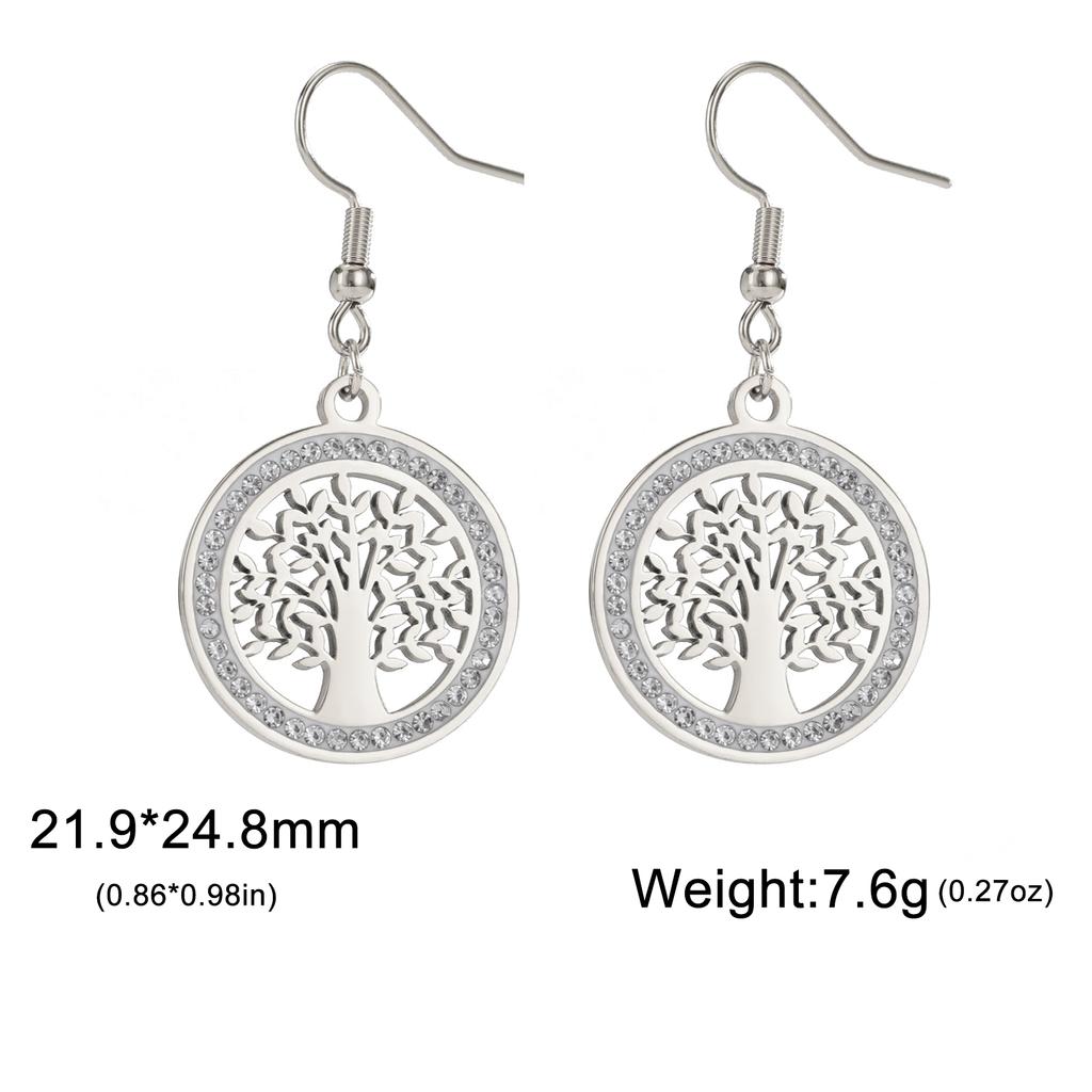 Tree of Life Women's Earrings Stainless Steel Gold Clear Zircon Round Pendant Dangle Earring Amulet Jewelry Gift