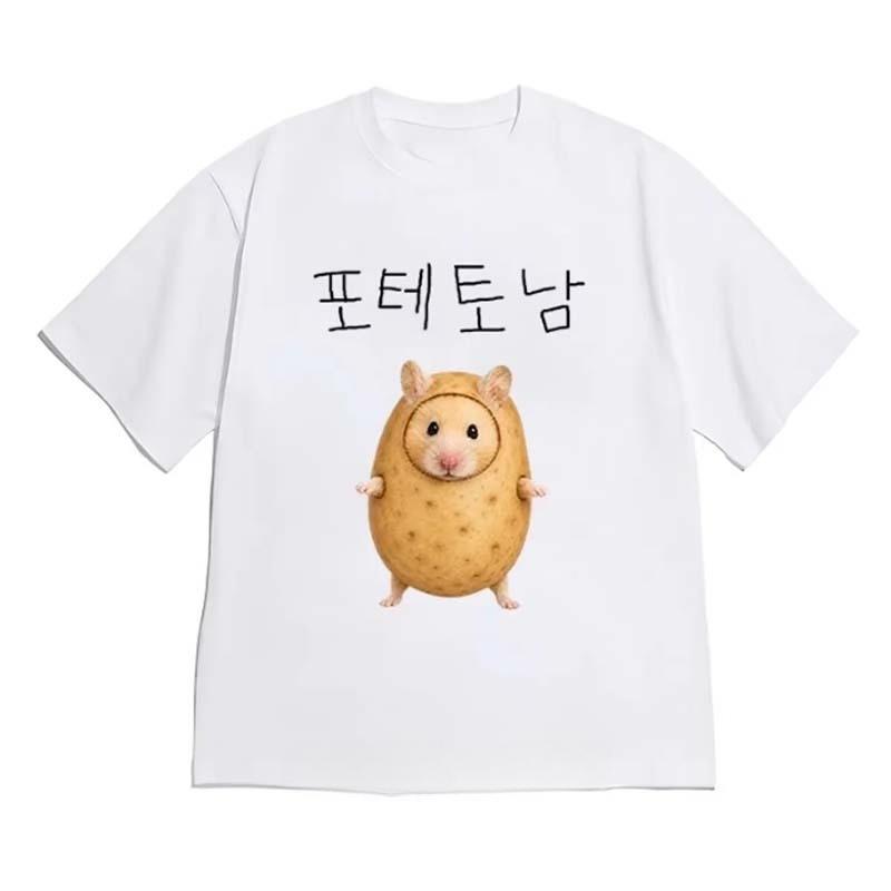 Korean Style Potato Mouse Print Tshirts Unisex Summer Casual Fashion Cute Funny High Street Tops Oneck Short Sleeve Cotton Tees