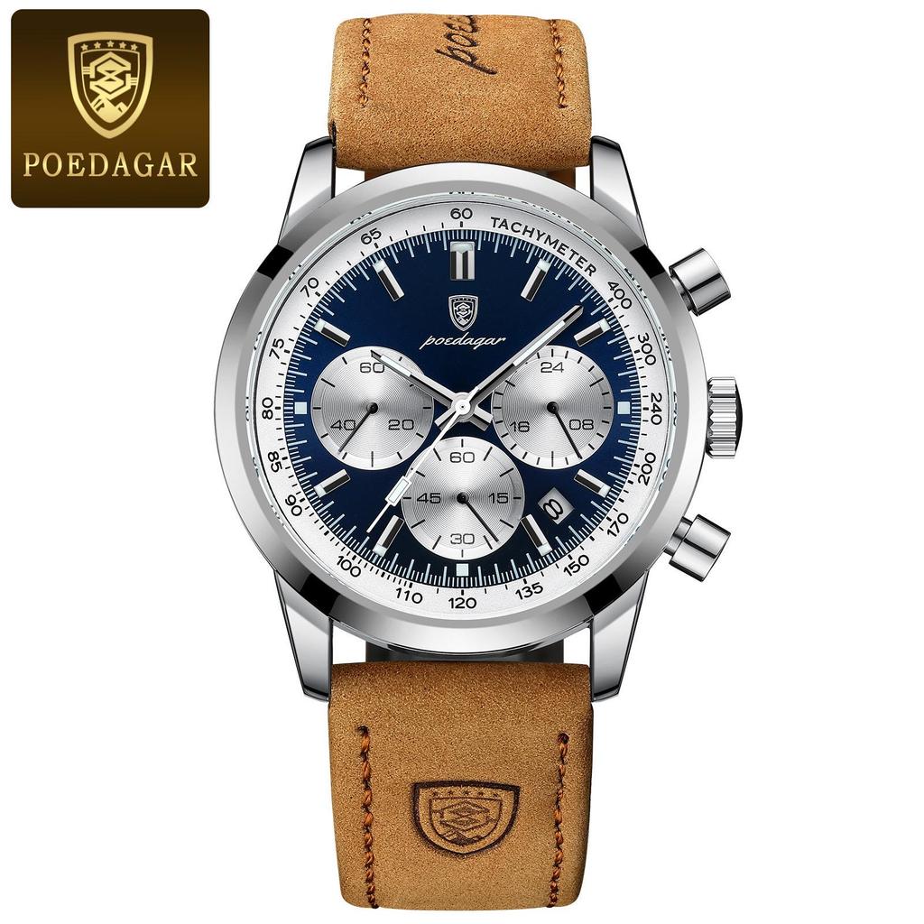POEDAGAR Bai Da Qie Multifunctional Men's Sports Quartz Watch - Leather Strap, Stopwatch, Waterproof 921