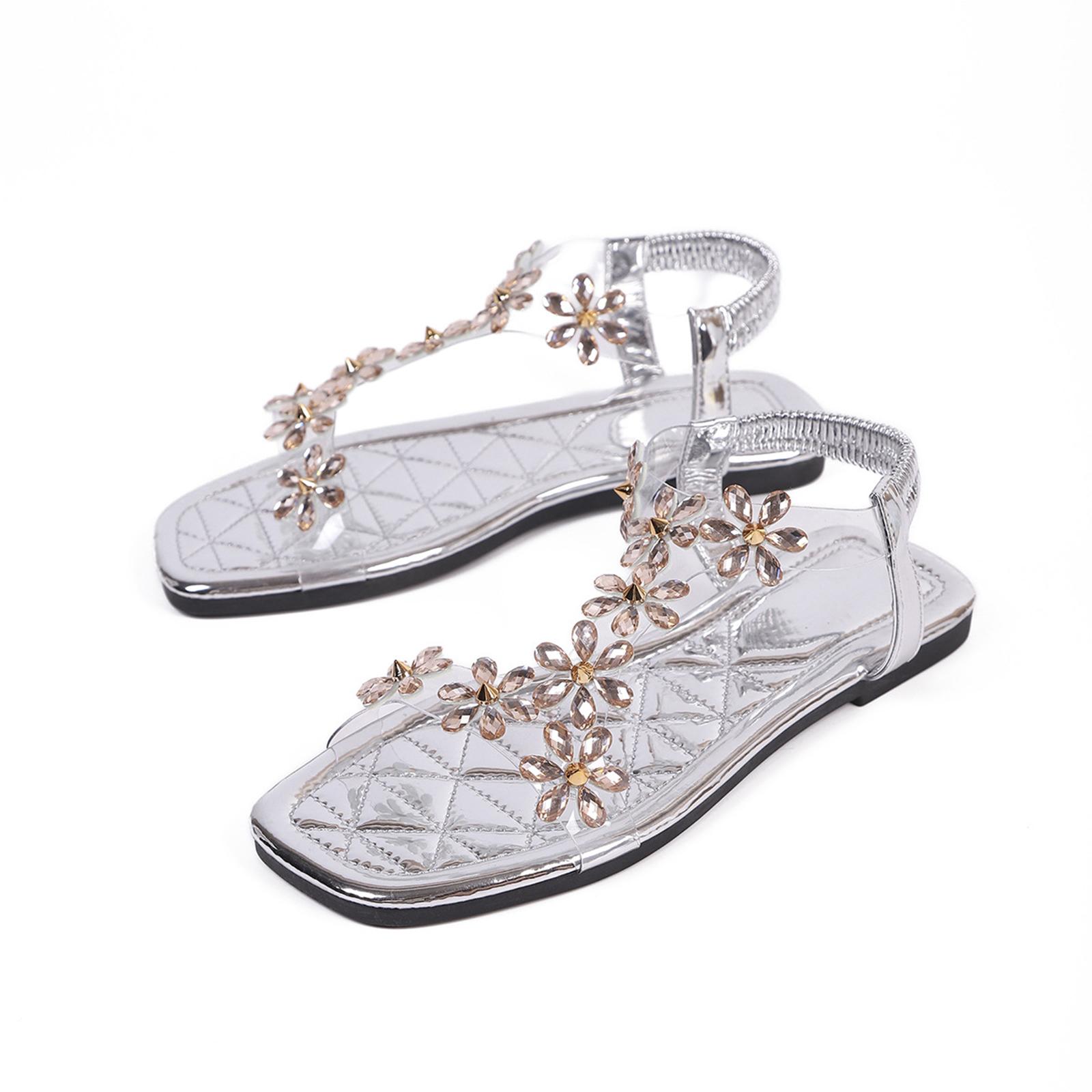 

Ladies casual square toe beach outdoor flower rhinestone elastic flat sandals 43 срібний