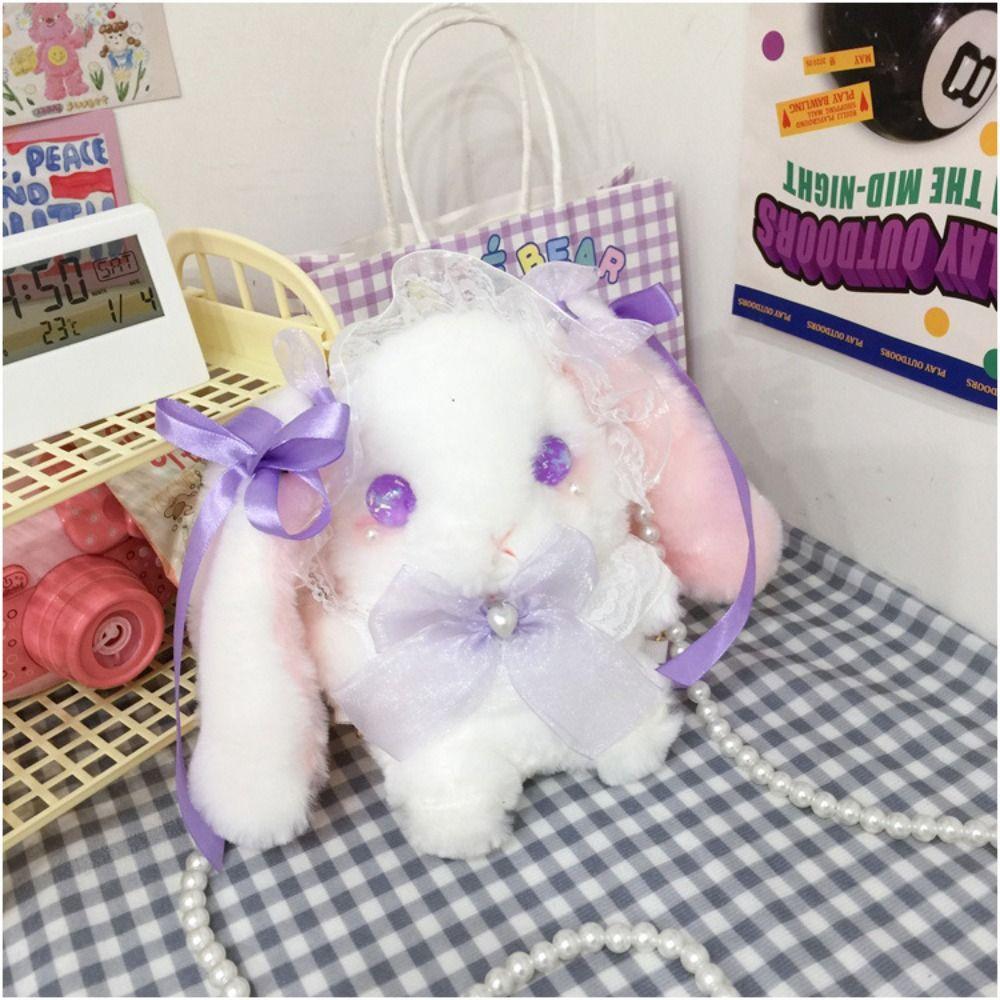 

Мягкая сумка-кроссбоди в виде кролика с висячими ушами, кружевная пушистая сумка-слинг в виде кролика, сумка на плечо в виде зайчика, декор в стиле Лолита фиолетовый