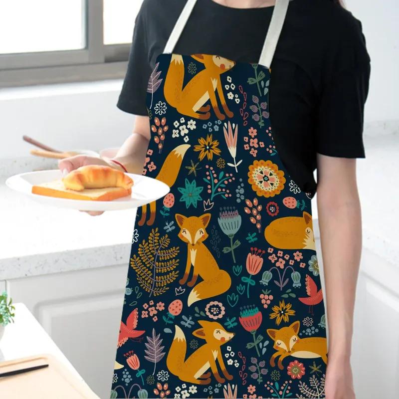 1Pcs Cute Fox Cat Pattern Apron, Waterproof Oil-proof Cotton Linen for Women Men Kids Kitchen