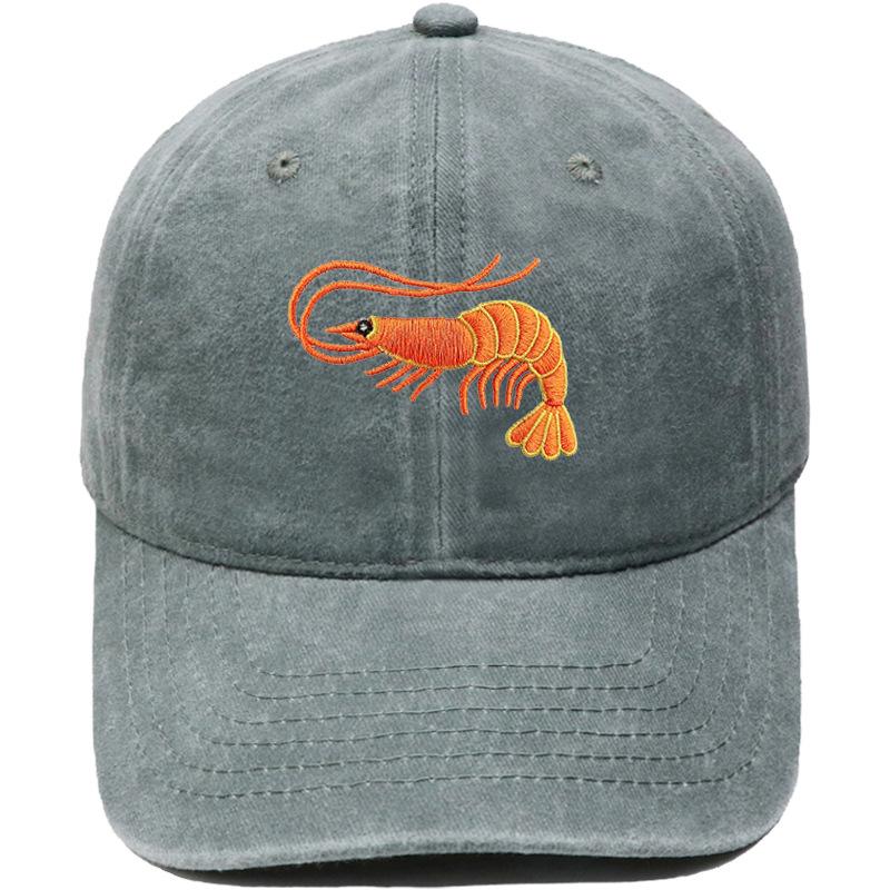 Neue Niedliche Orange Garnele Bestickte Baseballkappe Gewaschen Vintage Meeresbewohner Herren und Damen Lässige Sonnenschutzkappe