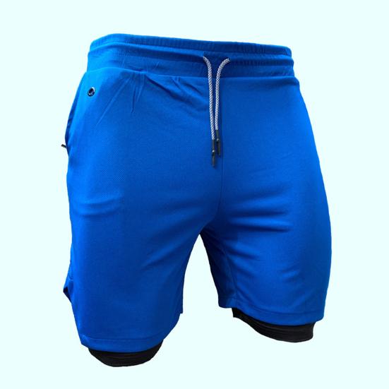 Men Shorts Double Layer Drawstring Fake Two Piece Elastic Waist Knee Length Shorts for Training