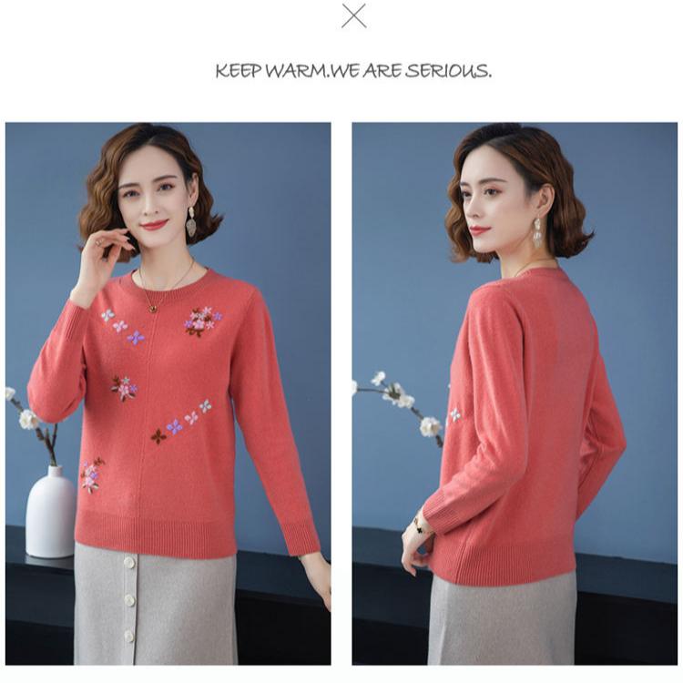 Spring Autumn Women's Crewneck Sweater Embroidered Loose Plus Size Knitwear Pullover Stretch Knit Top