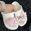 Pink Grid, Heart-shaped Hole Shoe Buckle, Cartoon, DIY Accessory, Cute Bow, Detachable Shoe Flower, Decorative Accessories